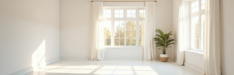 A Minimalist White Interior Design Features Sunny Windows And Curtains With Bright Warm Tones, Ideal For A Bridal Mockup. 00002