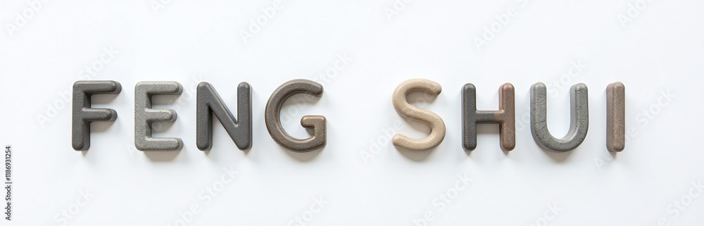 Poster a minimalist text made from stones is isolated against a plain white background in this feng shui de