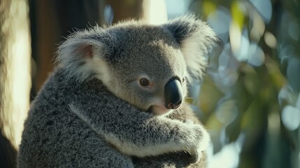 Naklejka premium Koala resting in eucalyptus tree, sunlight bokeh background, Australian wildlife.