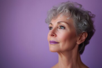 Close-up studio portrait of a mature woman with silver hair and purple lipstick, showcasing elegance and timeless beauty against a soft purple background. A tribute to ageless sophistication.