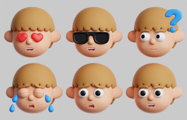 Collection of 3d male character emojis. Cartoon emotion icons. Man head emoticon set, isolated on white background.
