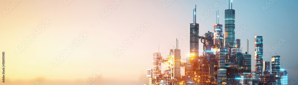 Poster a futuristic city skyline with illuminated skyscrapers under a transition from day to night, showcas
