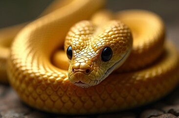 Fototapeta premium Close-up of a golden snake with intricate scales and glossy black eyes, coiled in a natural environment