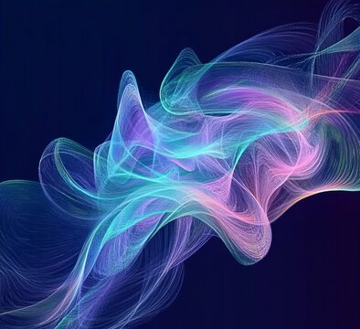 A dynamic digital art piece featuring an abstract representation of light waves, with swirling lines and soft gradients creating the appearance of energy flow on a dark blue background.