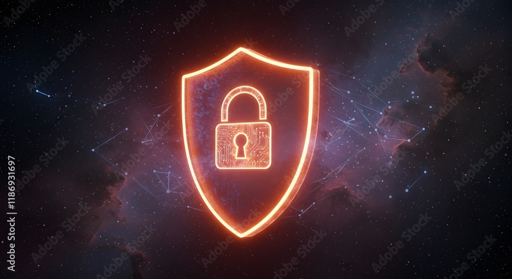 Poster glowing orange shield with padlock symbol in cosmic background representing advanced cybersecurity a