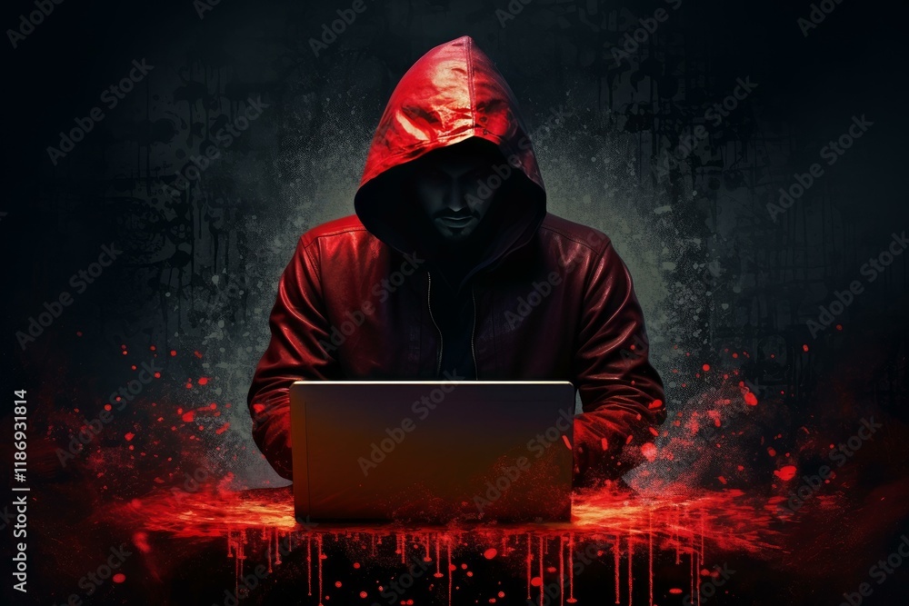 Poster hacker wearing red hood using laptop to launch cyberattack, surrounded by dramatic red light and dar
