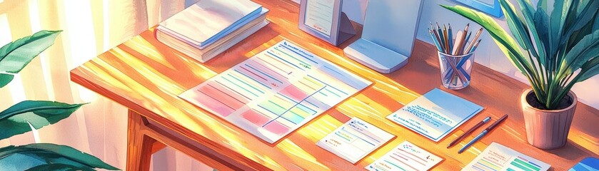 Bright and Organized Workspace with Papers, Plants, and Stationery Bathed in Warm Sunlight