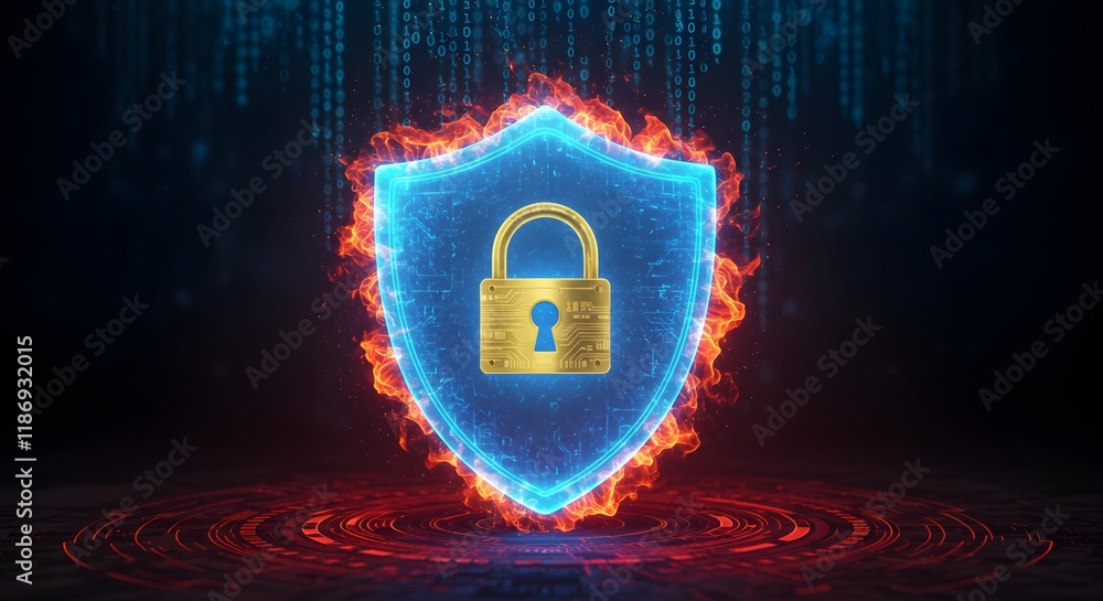 Poster cybersecurity lock on shield with fiery design. modern golden lock on blue shield with fiery red aur