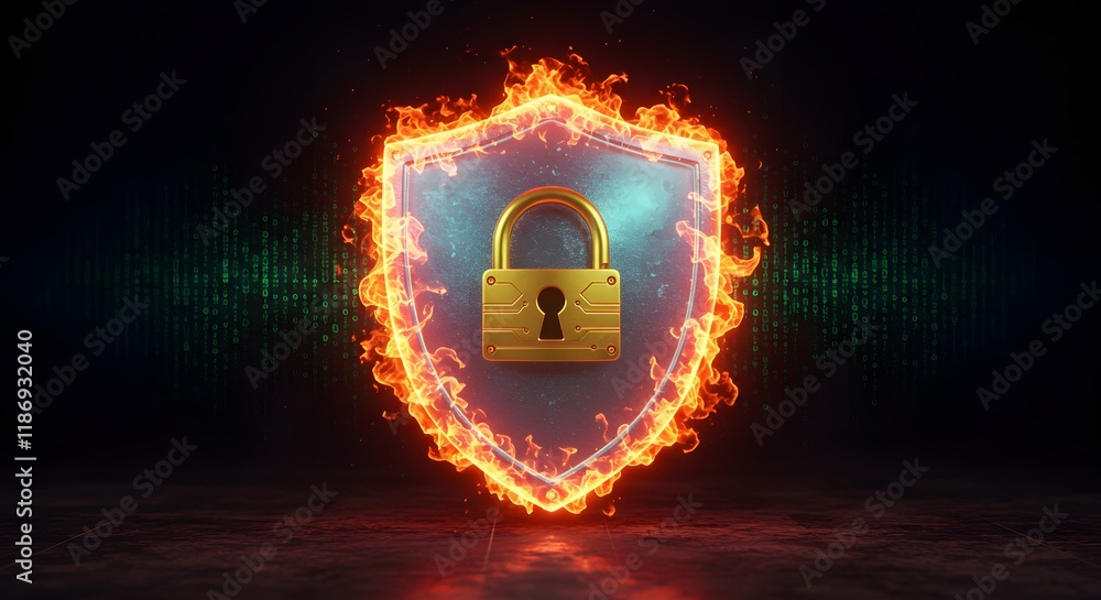 Poster cybersecurity lock on shield with fiery design. modern golden lock on blue shield with fiery red aur