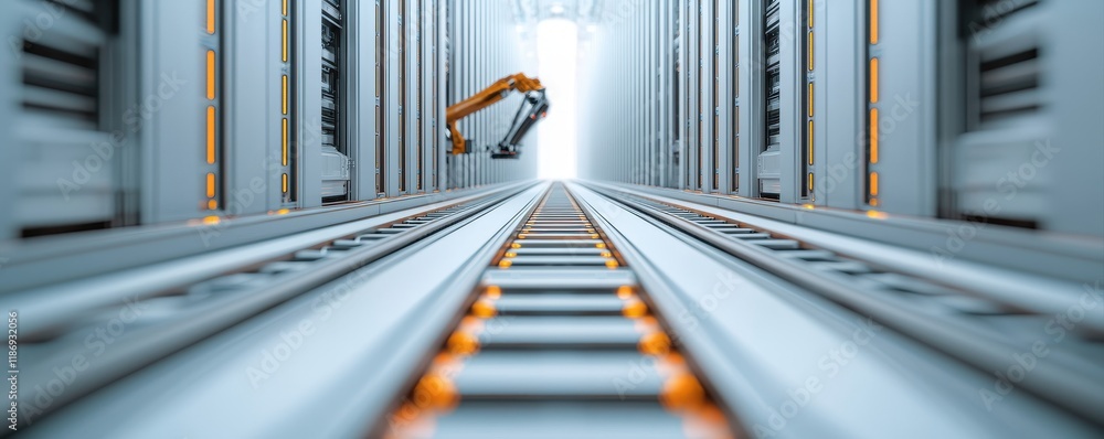 Poster a sleek, automated warehouse with robotic arms and a long aisle for efficient sorting and storage.