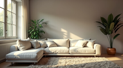 sunlit living room with sectional sofa potted plants