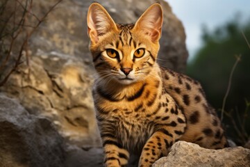 Obraz premium Portrait of a funny savannah cat while standing against rocky cliff background