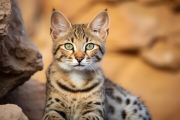 Obraz premium Portrait of a funny savannah cat in front of rocky cliff background