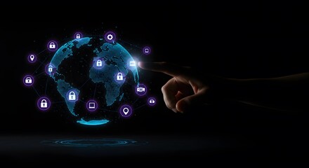 Global cybersecurity network with glowing connection. Digital world map with security icon representing global network protection in futuristic design