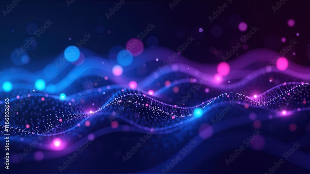 Poster abstract vibrant ai network visualization with colorful bubbles and flowing waves in blue and purple