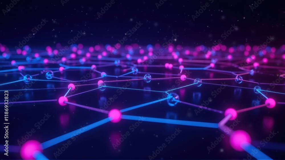 Poster digital abstract representation of ai network with interconnected nodes and vibrant colors for techn