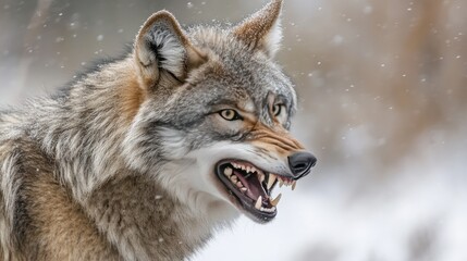 Naklejka premium An ultra-detailed 8K portrait of a furious gray wolf, captured in mid-roar