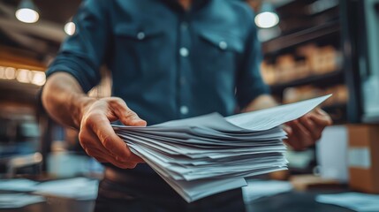 Person handling documents in an office setting, showcasing organization and paper management skills