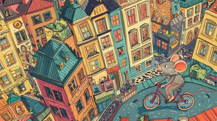 Obraz premium Mouse cycling colorful city; aerial view; whimsical illustration; children's book.