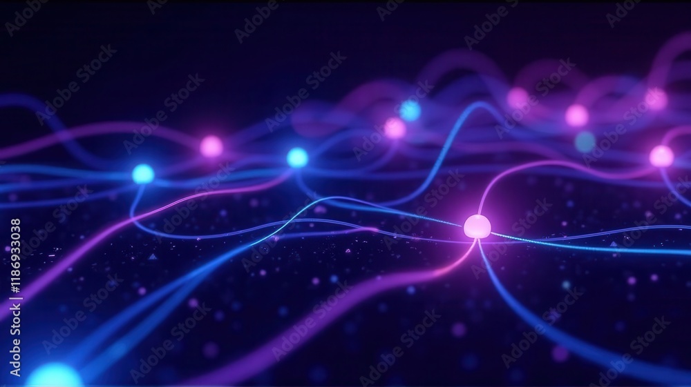 Poster vibrant abstract representation of ai network connections with colorful lines and dots illuminating 