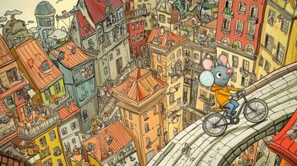Obraz premium Mouse cyclist on bridge, city background, illustration for children's book.