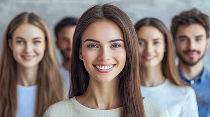 Obraz premium Smiling Young Woman in Front of Group of Friends with Soft Background and Natural Lighting