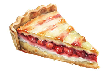 Watercolor pie slice, fresh strawberries, baked crust, dessert illustration, food art, vibrant colors, culinary design.