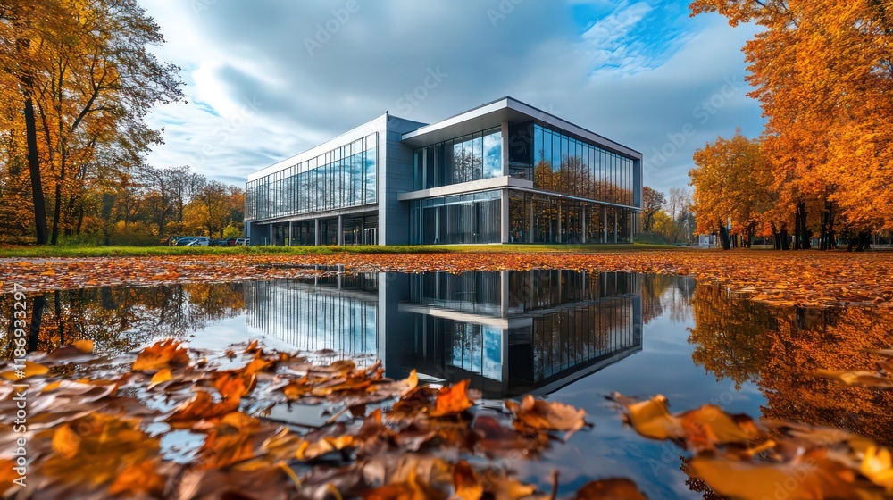 Poster modern building in autumn with fallen leaves and reflection on the water surface