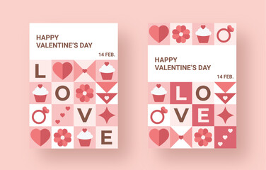 Valentine's Day cards display a pink and white grid with hearts, flowers, cupcakes, rings, stars, and 