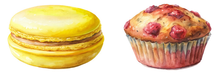 Yellow macaroon, fresh muffin, watercolor illustration, dessert art, sweet treats, bakery design, food styling.