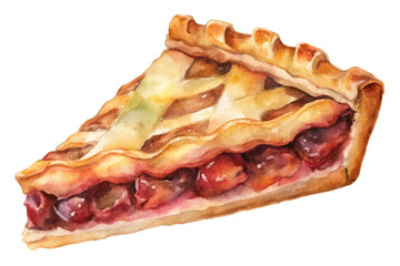Watercolor pie slice, delicious cherry filling, rustic crust, vibrant colors, food illustration, dessert art.