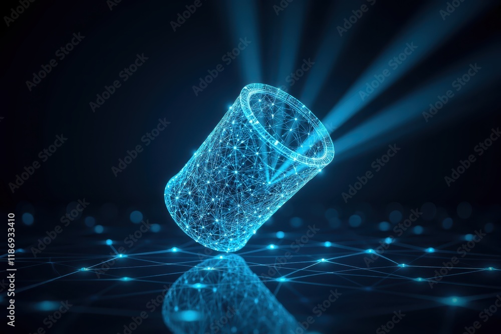 Poster futuristic digital cylinder emitting light beams in a networked space with geometric patterns and a 