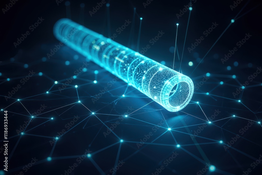 Poster futuristic transparent cylinder with light particles and digital network, representing technology, i