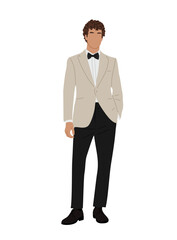 Businessman character in formal or black tie outfit. Stylish handsome guy wearing beige tuxedo for formal event, wedding, celebration. Vector realistic illustration isolated on transparent background.