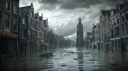 Fototapeta premium Flooded streets in a historical city with submerged architecture and overcast skies.
