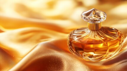 Perfume bottle on golden satin background, close-up