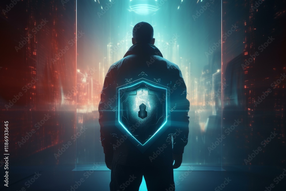 Poster cybersecurity professional safeguarding a vibrant futuristic cityscape using an advanced digital shi
