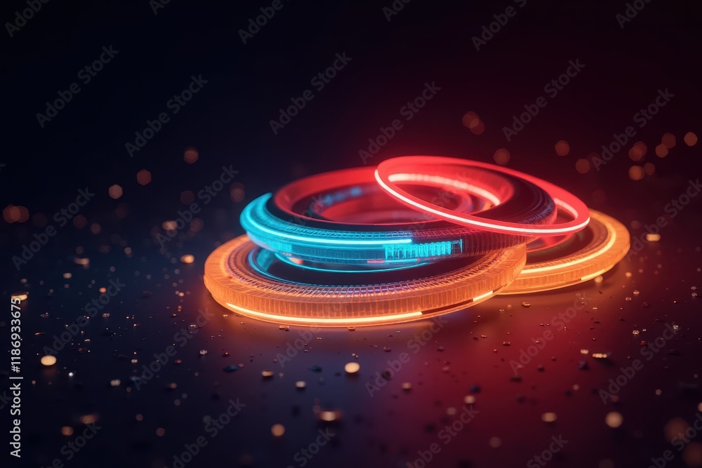 Aufkleber abstract composition of colorful laser rings with glowing edges in dark background aesthetic for fut