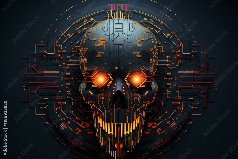 Poster futuristic robotic skull with glowing eyes emerging from an intricate network of glowing circuitry