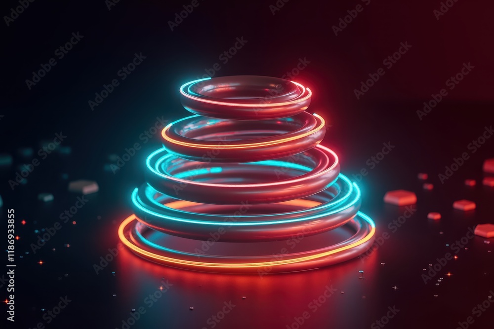 Poster vibrant laser rings in a layered formation with glowing neon effects on a dark background for high-t