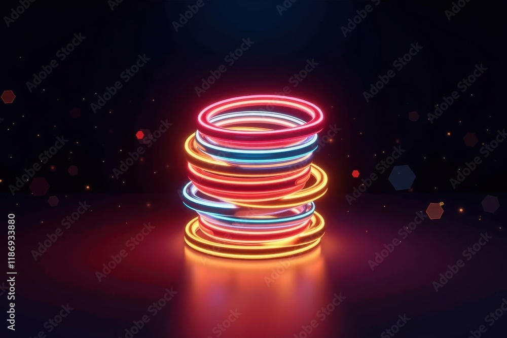 Poster vibrant and colorful neon laser rings stack in a dark background with glowing light effects, creatin