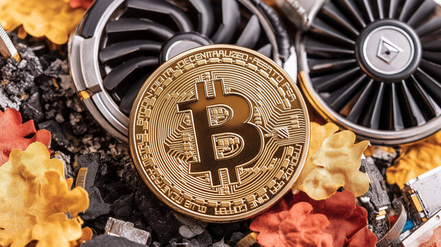 Bitcoin Mining: Close-up of a gold Bitcoin cryptocurrency coin, surrounded by computer parts and cooling fans, symbolizing the intense energy and resources involved in mining.  
