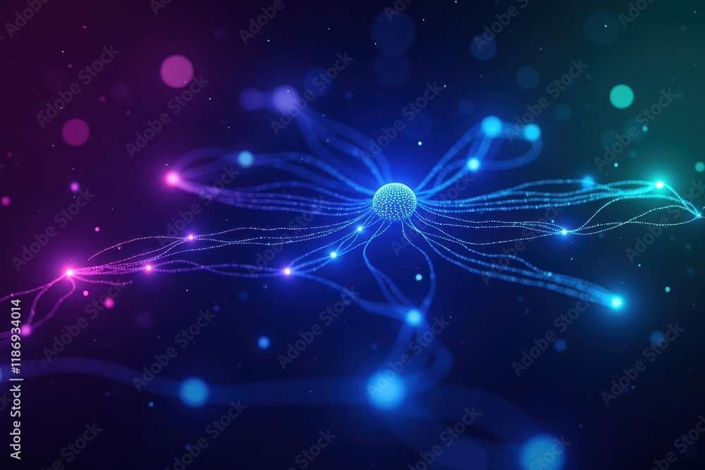 Poster abstract visual representation of network connections with glowing nodes and tendrils in vibrant col