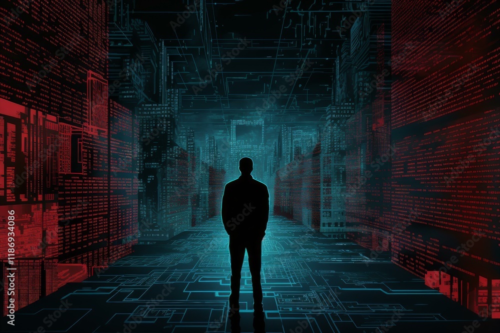 Poster businessman standing in futuristic cyberspace environment with digital data and binary code projecte