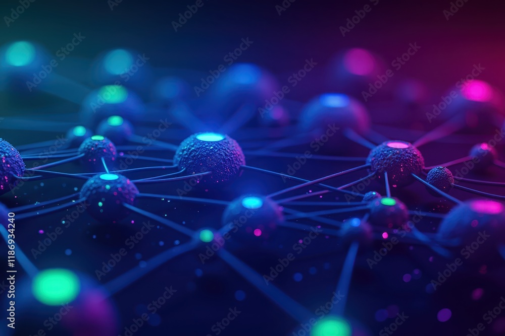 Poster abstract representation of network connections with colorful nodes and edges illustrating digital in