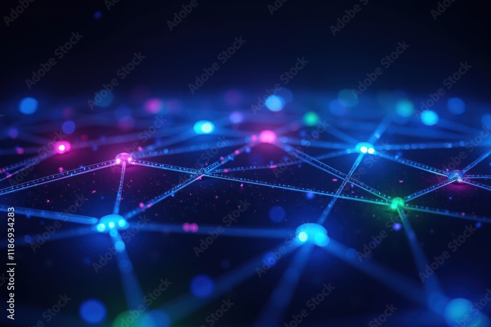 Poster abstract visualization of colorful nodes and connections in a digital network, representing data flo