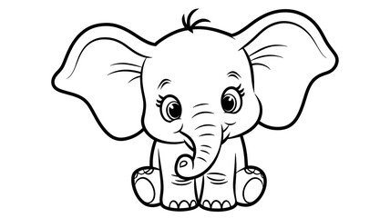 Fototapeta premium Adorable black-and-white line art of a baby elephant sitting on the ground, perfect as a coloring page for kids, printable activity, or educational art