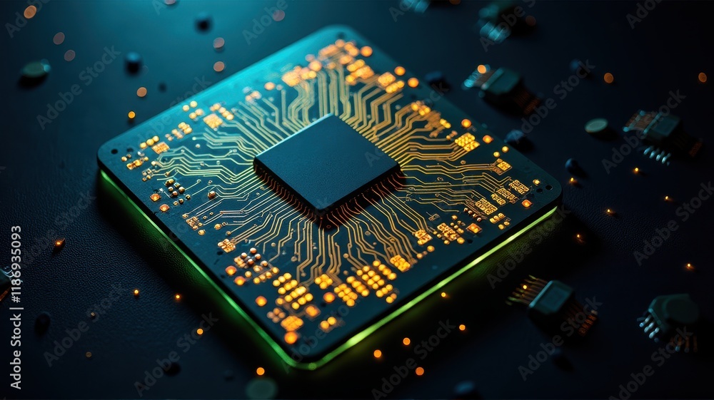 Poster detailed top-down view of a circuit board with glowing microprocessor and electronic components in a