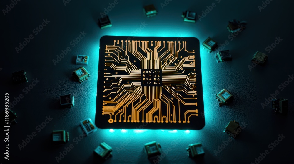Poster futuristic circuit board with glowing blue accents and intricate patterns surrounded by microchips c