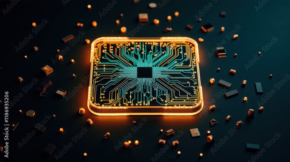 Poster high-detail top-down view of a modern circuit board with glowing elements and surrounding electronic